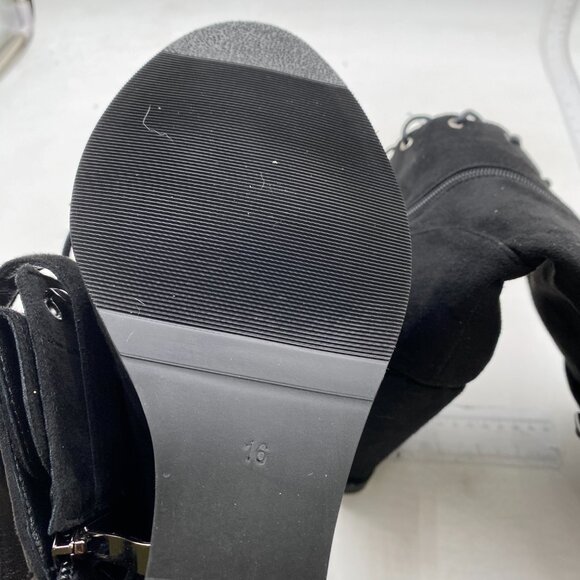 Black Women Round Toe Knee High Boots Sexy Wedge High Heel Lace up Riding Boots - Picture 5 of 7